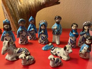 Vintage 13 Piece Mexican Pottery Nativity Set Tonala Style Ceramic Birds Bl &gr