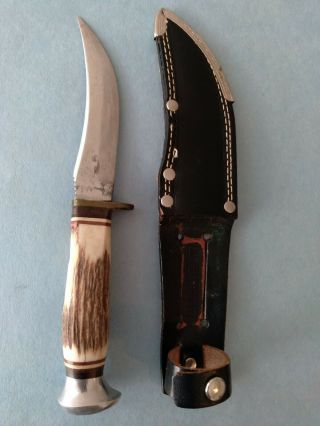 Vintage Fixed Blade Skinner Knife Stag Handle Germany W/sheath