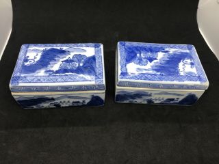 Stunning Pair Blue White Porcelain Chinese Brush Box Pair