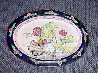 Vintage Enamel On Brass Oval Plate China Hand Painted Ducks Birds Lotus Flowers