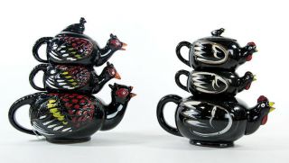 Stacking Rooster Teapot Tea Pot Set Creamer Sugar Bowl Stacking Japan Redware