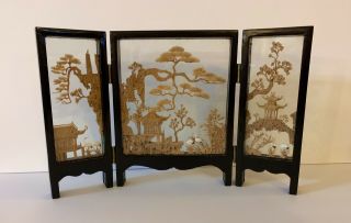 Vintage Asian Cork Art Black Lacquered Small Wood And Glass Screen Chinese