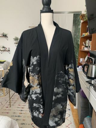 Women’s Black Silk Kimono Gold Silver Metallic Embroidery Robe
