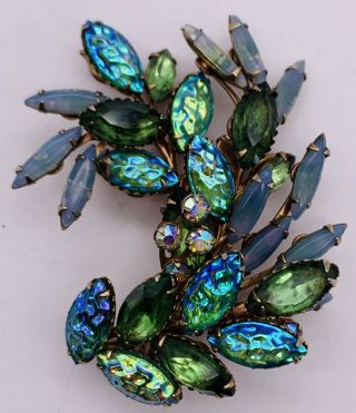 Vintage Blue Green Aurora Borealis Rhinestone Brooch Pin Floral 1.  75 X 2.  5 "