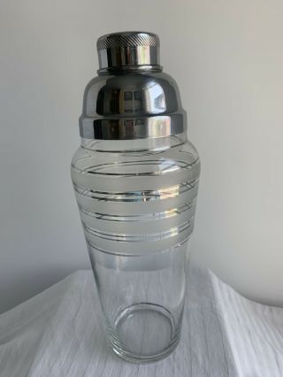 Vintage Glass Cocktail Shaker With Frosted Glass And Silver Bands Exc