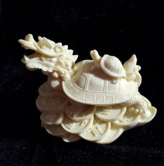 Chinese Tagua Nut Dragon Turtle Money Coin Statue Feng Shui Decor