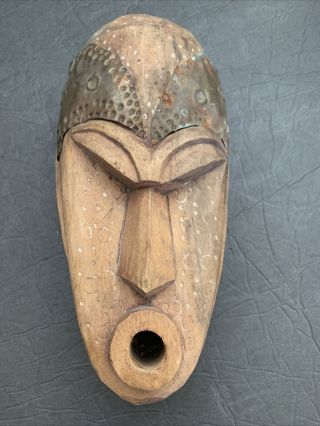 Vintage Wooden Mask W Metal Hand Carved Thick Wood Wall Hanging