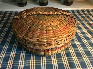 Antique Native American Vtg Sewing Basket Woven Splint Ash Sweet Grass Colorful