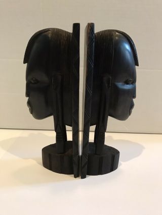 Vtg Hand Carved Wood African Tribe Head Bust Design 9” Tall Book Ends (c9)