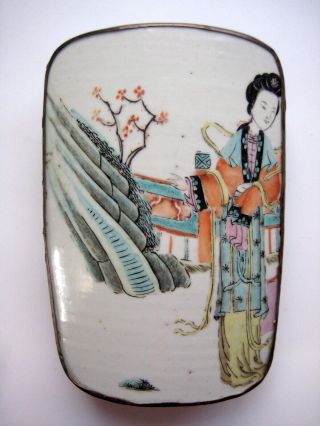 Vintage Chinese Large 7 " X 4.  5 " Curved Porcelain Top Metal Trinket Box 18.  5x12cm
