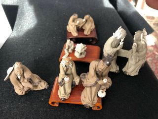 7 Vintage Chinese Mud Men Figures And 3 Wooden Bases