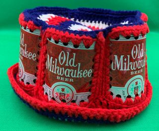 Vintage Old Milwaukee Beer Crocheted Hat Aluminum Can Old Red White And Blue Fun