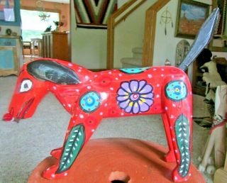 Vintage Mexican Folk Art Wood Carved Dog/coyote Cute Red 11 " X 7 "