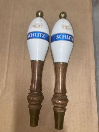 Vintage Schlitz Beer Tap Handle Knob,  Blue On White,  Wood.  2 Pk