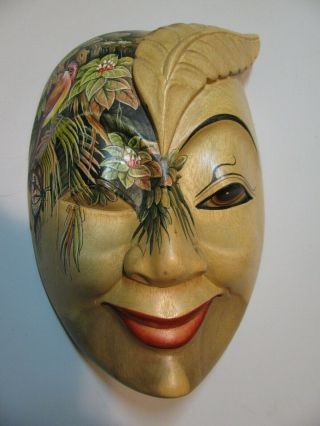 Indonesian Bali ? Handmade Carved Hibiscus Wood Painted Face Wall Mask - Signed