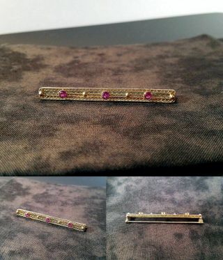 E111 Vintage Solid 10k Yellow Gold Filigree Bar Pin With Pink Stone Accents