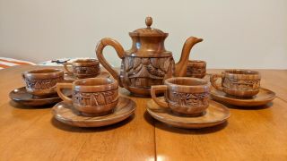 Vintage Hand Carved Teak Tea Set,  Teapot With Six Cups And Saucers