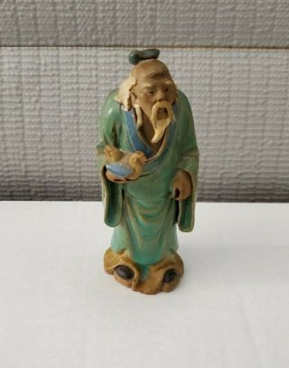 Vintage Chinese Mud Man Green Glazed Painted Ceramic Pottery Figurine 4.  25  T