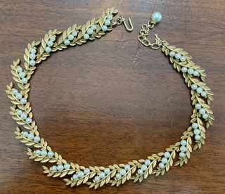 Vintage Crown Trifari Gold Toned Leaf & Faux Pearl Necklace