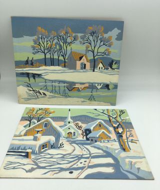 Vintage Set Of 2 Paint By Numbers Winter Scene Chapel Church In Snow 8” X 10”