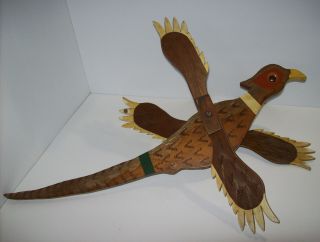 Vintage Folk Art Whirligig Wood Pheasant Bird Wind Spinner Primitive