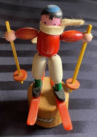 Vintage Wooden Push Button Toy Puppet Norge Skiing Boy Toy