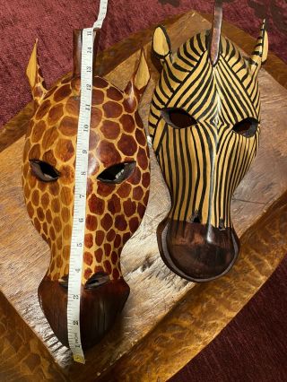 Hand - Carved,  Authentic,  Wood Zebra & Giraffe Wall Masks,  Made In Kenya,  8 X 15 "