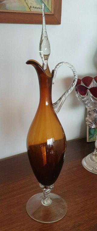 Vintage Italian Empoli Amber Glass Decanter - Genie Bottle Style