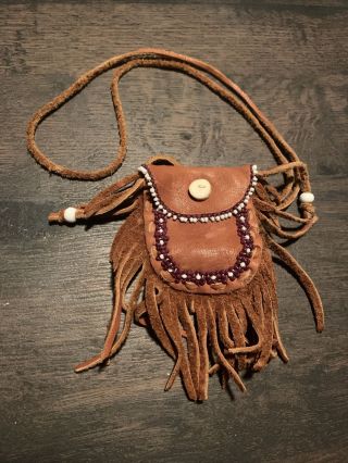 Vintage Native American Medicine Bag Necklace Leather Possibles Pouch Western