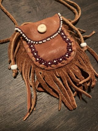 Vintage Native American Medicine Bag Necklace Leather Possibles Pouch Western 2
