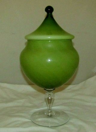 Large Vintage Empoli Green & White Cased Glass Apothecary Jar Mid Century Italy