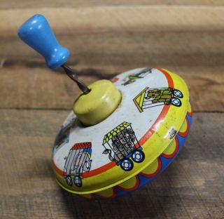 Vintage Ohio Art Tin Spinning Top Childs Toy Circus Train 1940s 50s