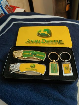 John Deere Tractor Pocket Knife Set Of 2 With 2 Key Ring Ec With Box