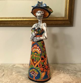Day Of The Dead Hand Made Talavera Flower Lady Gerardo Garcia Art Skeleton