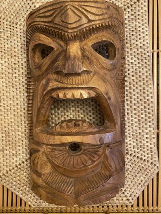Vintage Hawaiian Tiki Mask Hand Carved Wood Wall Hanging.  14” Tall Ready To Hang