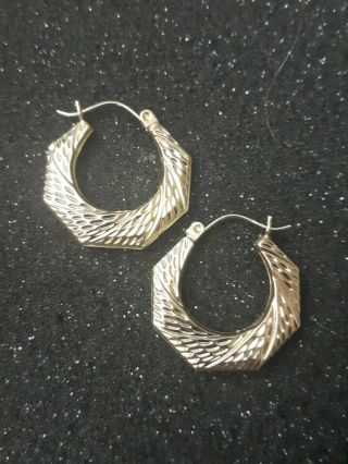 14k Yellow Gold Earrings Etched Hoops,  Zz 585 Vintage Set,  1.  7 Grams Solid 14k