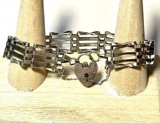 Vintage Sterling Silver Gate Link Bracelet With Heart Padlock