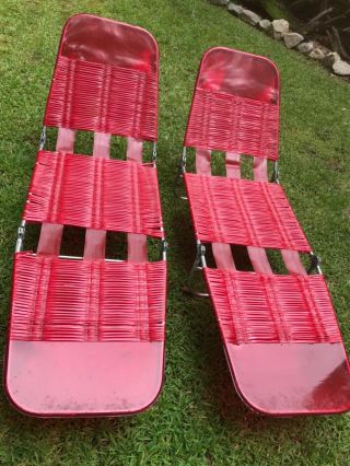 Two Vintage Red Folding Lawn Chaise Lounge & Chair Beach Vinyl Tube