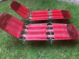 Two VINTAGE RED Folding Lawn Chaise Lounge & Chair Beach Vinyl Tube 2