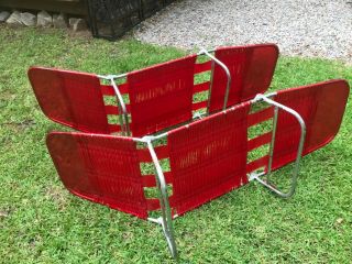 Two VINTAGE RED Folding Lawn Chaise Lounge & Chair Beach Vinyl Tube 3