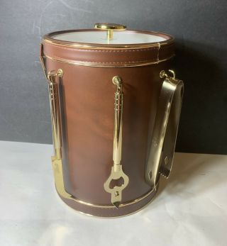 Vintage Retro Mcm Ice Bucket Brown Leather Vinyl With Handle And Gold Bar Tools