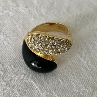 Christian Dior Vtg Couture Pave Crystal Black Enamel Chunky Ring Adjustable