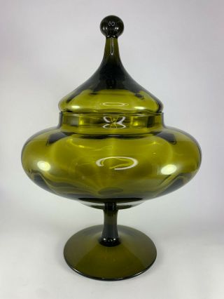 Vintage Mcm Empoli Glass Apothecary Candy Dish Circus Tent Lid Dark Green 12”
