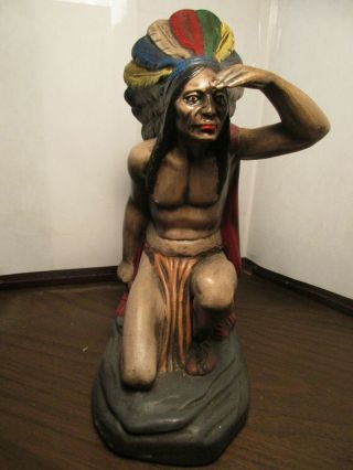 Vintage Ceramic Native American Indian Statue - Feather Head Dress - Tomahawk