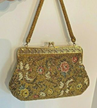 Vintage Ernest Simon Gold Beaded Evening Bag Purse Floral Tapestry Embroidery