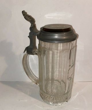 Clear Glass German Beer Stein.  5 L Lidded Man With Monocle Etched Aa N606 Pa