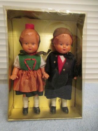 Set Of 2 Vintage Celluloid Boy And Girl Dolls