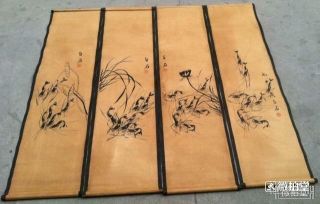 4pc Collects Old Chinese Painting Scroll Qi Baishi Shrimps Painting