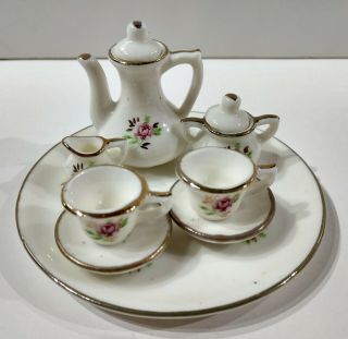 White Porcelain Miniature 10 - Piece Tea Set,  Roses With Gold Trim,  Vintage