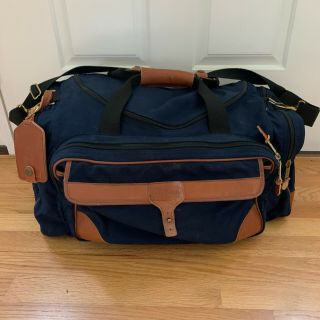 Vintage Ll Bean Blue Canvas & Tan Leather Duffle Bag Usa Freeport Maine 21x10x10